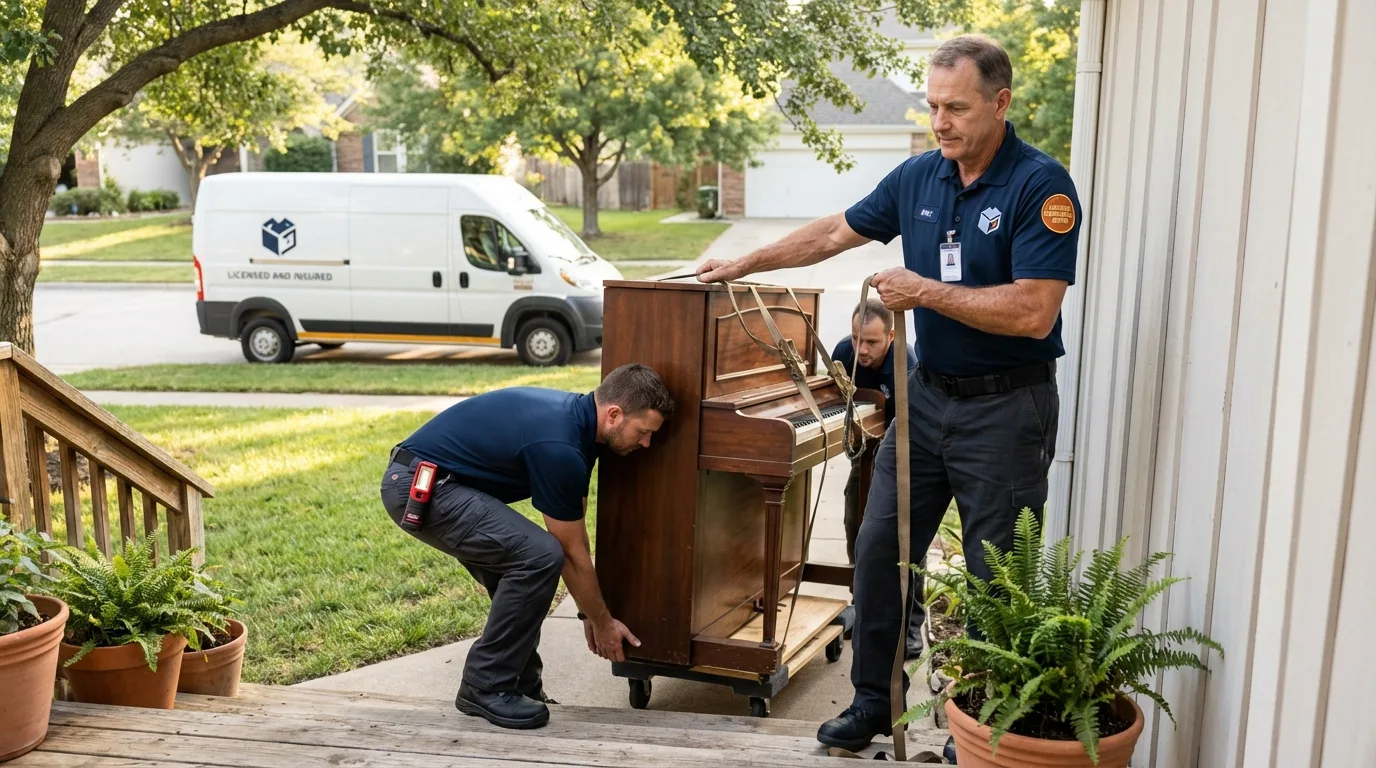 Licensed piano movers securing grand piano in Hartland, WI