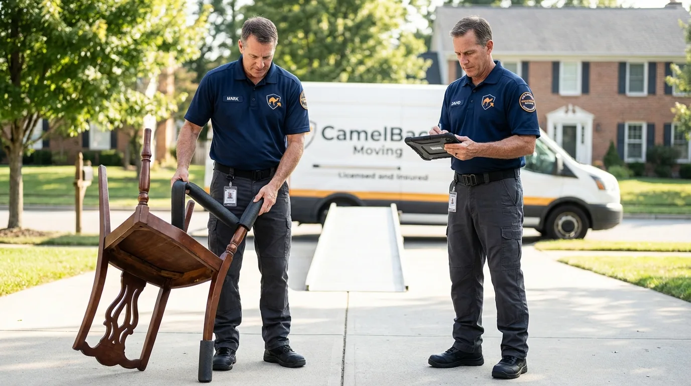 Movers inspecting furniture for damage prevention before loading in Hartland, WI