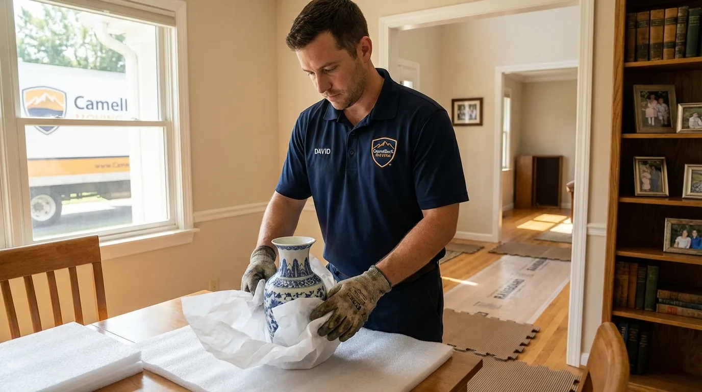Professional crew carefully wrapping antique vase for senior downsizing move in Hartland, WI