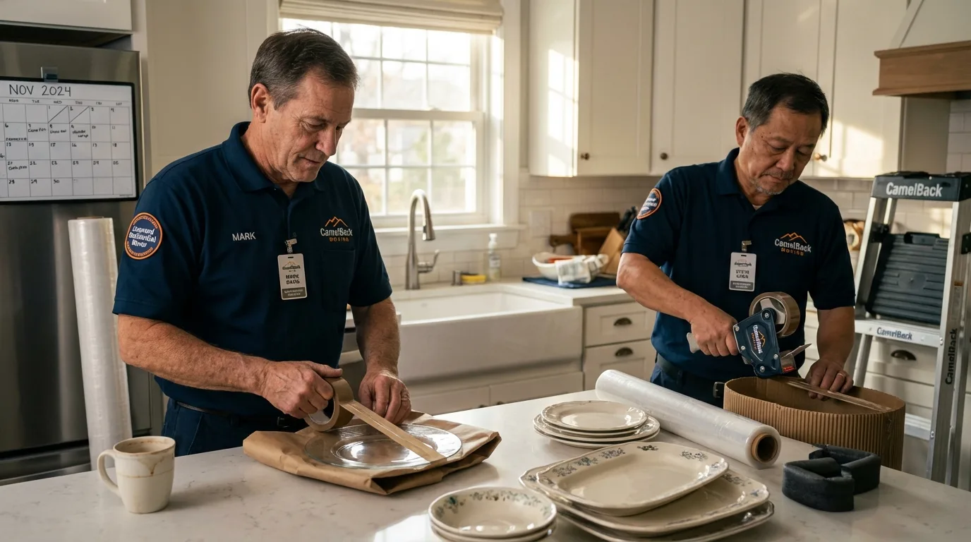 Professional crew packing kitchen dishware in Hartland, WI